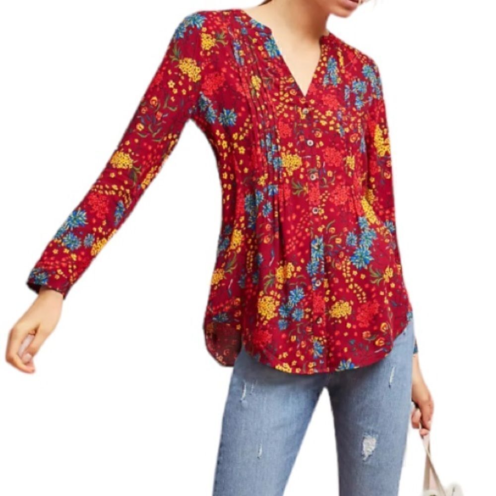 Maeve Printed Pintucked Long Sleeve Button Front Blouse Size Medium 📦‎